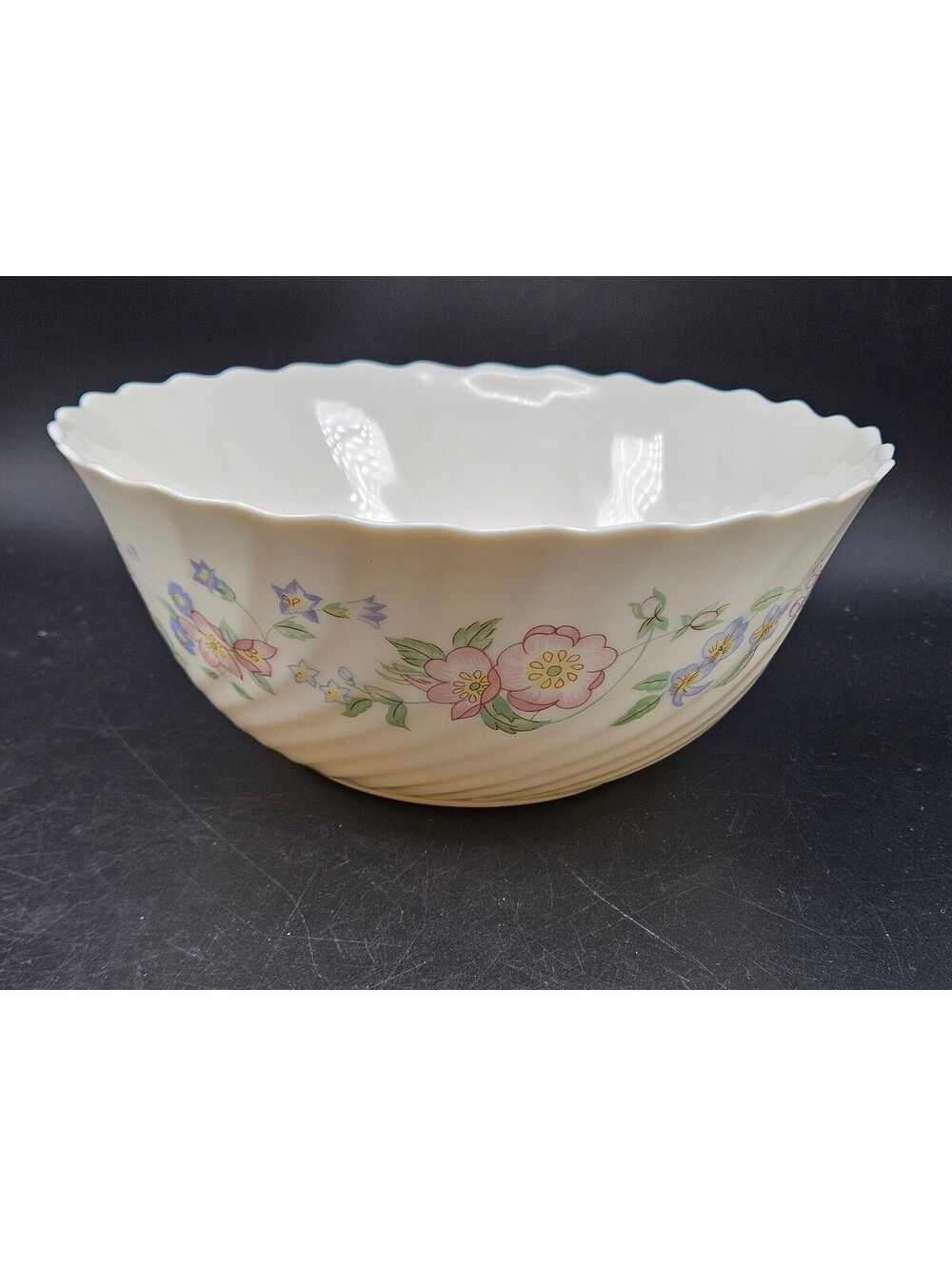 Vintage Arcopal France Champetre Large Swirled Serving Bowl Compote Floral 9.5"